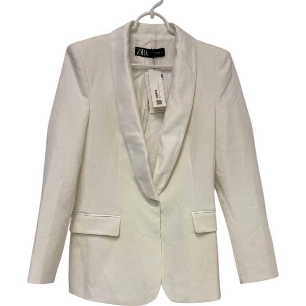 Zara Womens Tuxedo Blazer Suit Jacket Size M White Satin Lapel 7855/542 NWT - Picture 1 of 12